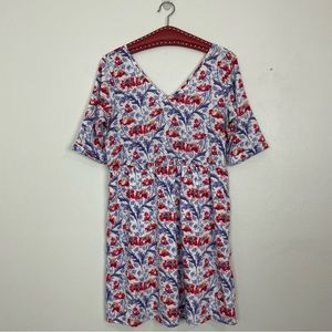 Short Sleeve Elastic Waist Floral Dress | Above Knee | Red White Blue | Large